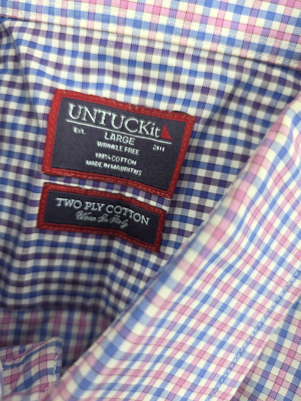 UNTUCKit Men's Checked Button Down Shirt Pink Blue Size Large CP-3567 - Picture 9 of 10